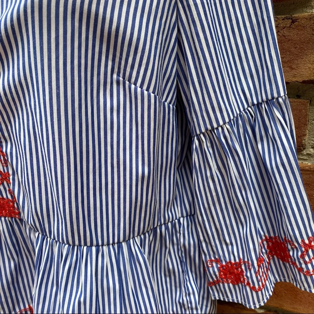 Primark Blue White Striped Blouse Red Embroidery - Picture 8 of 8